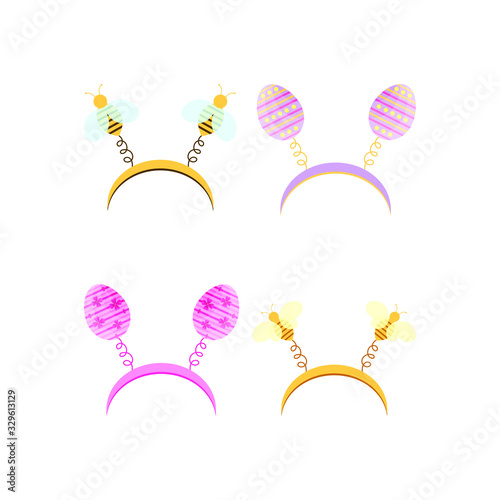 Vector set of carnival hoop on the head. Cartoon headband with Easter eggs and bee isolated on white background. Attribute of costume.