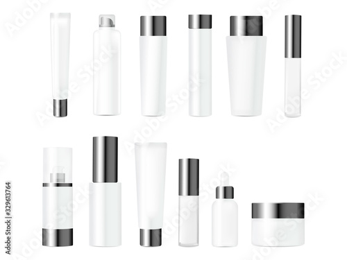 Realistic mockups bundle of bottles for various cosmetics packaging. Cream, lotion, shampoo, gel, powder, balsam package set. White bottles with silvery caps vector illustration. Skincare and beauty