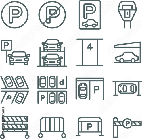 Car Parking set vector illustration. Contains such icon as Parking Gate, Roof, Automatic, Hydraulic, Barrier and more. Expanded Stroke