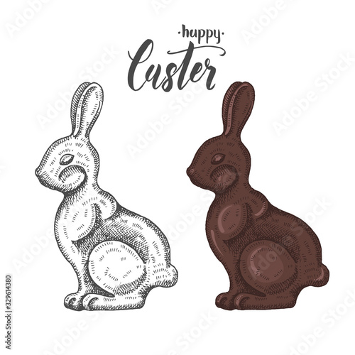 Easter chocolate bunny in monochrome and color in Sketch style. Hand made lettering -happy Easter.  Vector engraving illustration. 