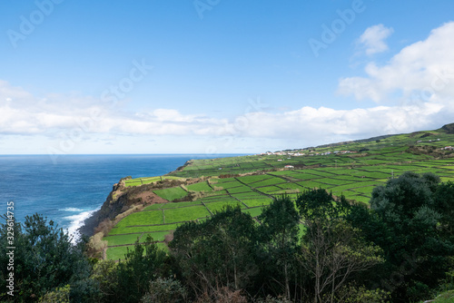 Azorean countryside with green pasture land and Atlantic ocean