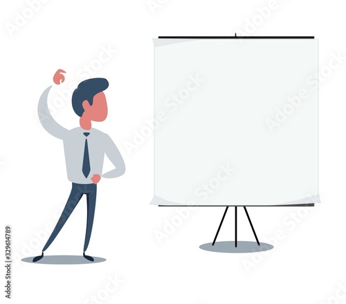 Young handsome man looking at the big empty placard with confuse face expression. Vector flat design illustration.