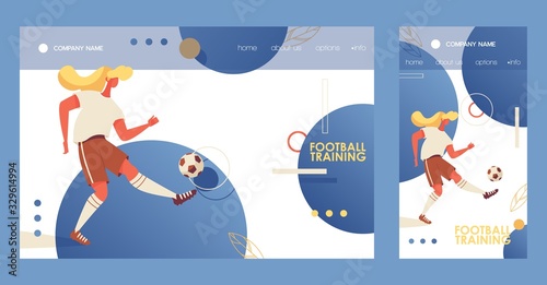 Cross platform banners for browser desktop web and mobile phone sport application about soccer football with young woman training with ball. Flat collection