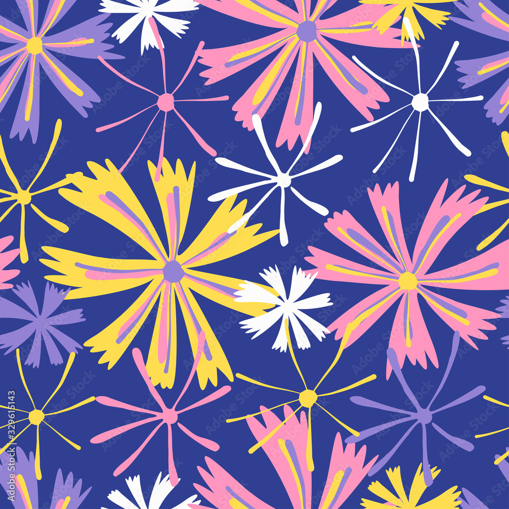Modern seamless vector botanical pattern with seasonal spring flowers chicory or cornflower in purple tones. Can be used for printing on paper, stickers, badges, bijouterie, cards, textiles. 