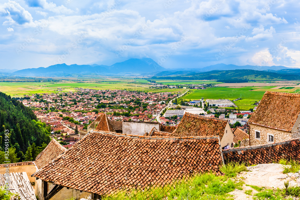 Panorama of Rasnov  town as seen from the walls of the citadel in Rasnov, Brasov County, Transylvania, Romania