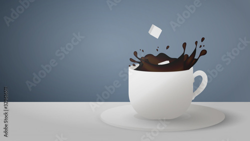 Realistic cup with splashes of coffee on a gray background. Sugar cubes fall from a cup of coffee. Vector illustration