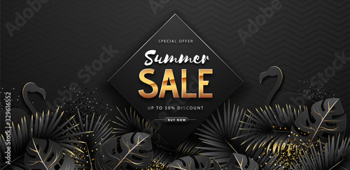 Summer sale poster with black and gold tropic leaves and flamingo on dark background.