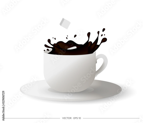 Fototapeta Realistic cup with splashes of coffee. Cubed sugar falling from a cup of coffee. Vector illustration