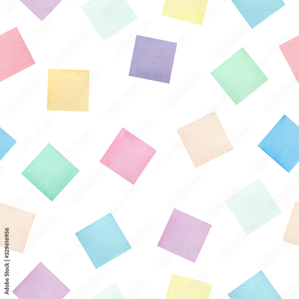 seamless repeat pattern with colorful watercolor squares, bright and happy pattern design for backgrounds, wrapping projects, wallpaper, fabric, geometric pattern design