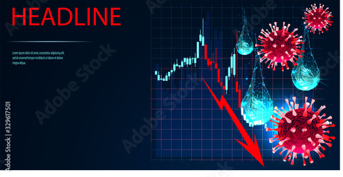Stock Markets plunge from COVID-19 virus fear and lower oil prices. World investment price fall down or collapse from outbreak of Coronavirus and oil war. Low poly wireframe style. Vector