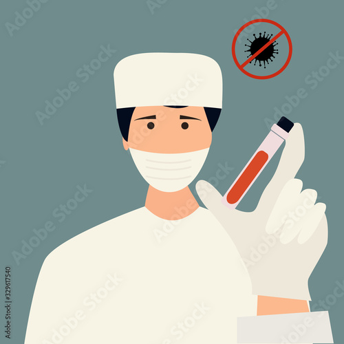 Doctor in protective mask holding on hand test tube with blood diagnosing coronavirus.