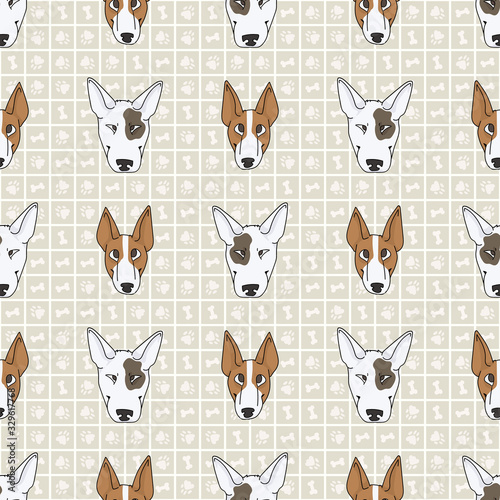 Hand drawn cute bull terrier puppy and dog face breed seamless vector pattern. Purebred pedigree show dog domestic on background. Dog lover pooch pet all over print. Kennel hound. EPS 10. 