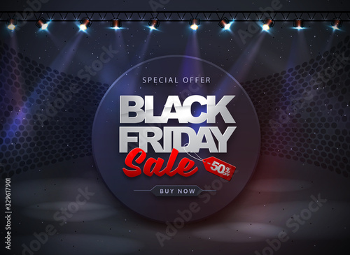Black friday sale banner on disco ball abstract dark black background