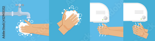 Washes hands and drying hands. Vector illustration
