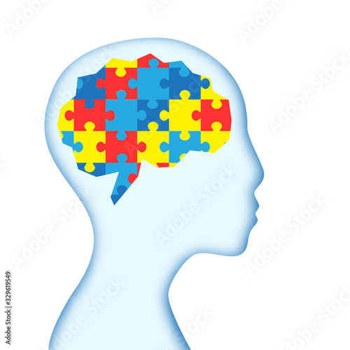 World autism awareness day. Brains with colorful puzzles. Child. Face. Vector background. Symbol of autism. Medical flat illustration. Health care