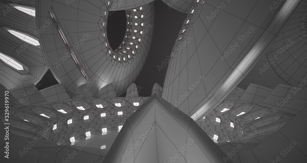 Fototapeta premium Abstract drawing architectural background. White interior with discs and neon lighting. 3D illustration and rendering.