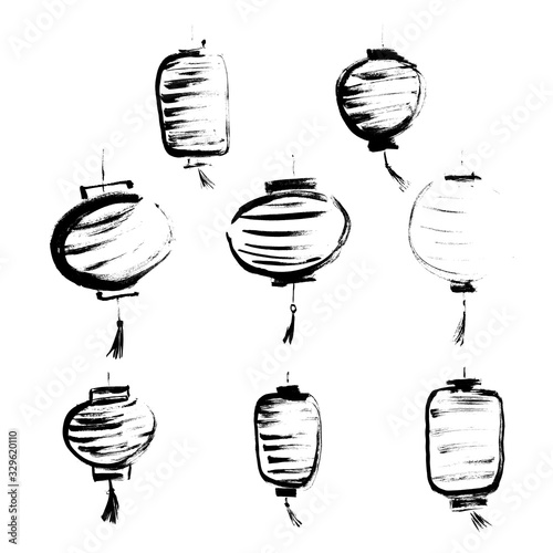 Chinese lantern drawing. Vector Ink Painting of Chinese Lantern. Set, collection. Hand drawn illustration