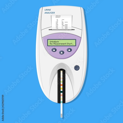 Urine tract exam doctor clinic kidney sick tool pee piss chart color test lab strip pH bottle digital result device medical machine screen science sample measure chronic ketone Diabetes annual