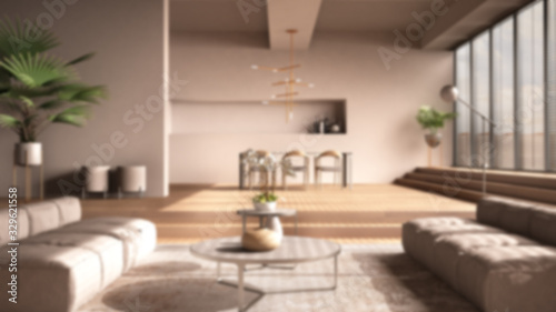 Blur background interior design  modern living room  hall  open space with parquet floor with steps  sofa  carpet and coffee tables  dining table  chairs and lamps  minimal