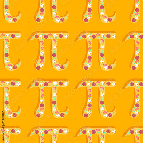 Happy Pi Day! Celebrate Pi Day. Mathematical constant. March 14th (3/14). Ratio of a circle’s circumference to its diameter. Constant number Pi. Pizza. Seamless pattern