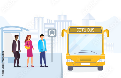 People on the bus stop standing in line to enter arriving yellow bus. City public transportation means concept