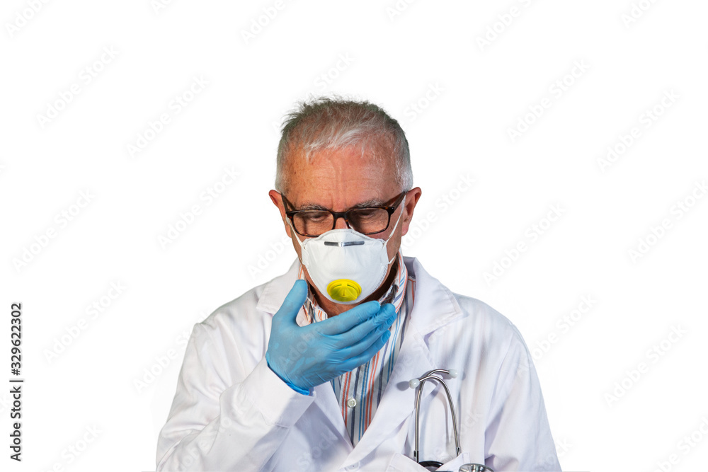 A doctor coughs protected by an anti-virus mask.