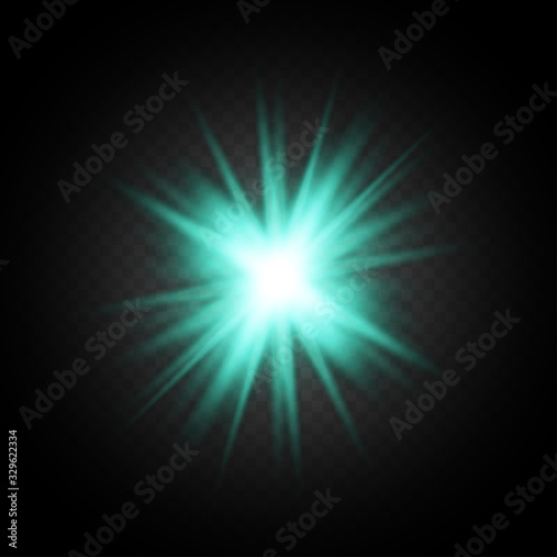 Light flare on black background. Holiday glowing backdrop. Lens flare, glow light effect. Night glow effect. Disco design. Christmas decoration. Bright glowing star. Vector illustration.