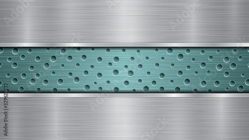 Background of light blue perforated metallic surface with holes and two horizontal silver polished plates with a metal texture, glares and shiny edges