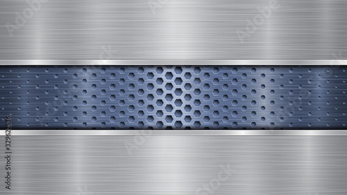 Background of blue perforated metallic surface with holes and two horizontal silver polished plates with a metal texture, glares and shiny edges