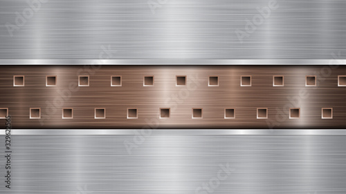 Background of bronze perforated metallic surface with holes and two horizontal silver polished plates with a metal texture, glares and shiny edges