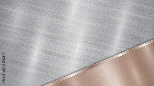 Background consisting of a silver shiny metallic surface and one polished bronze plate located in corner, with a metal texture, glares and burnished edge
