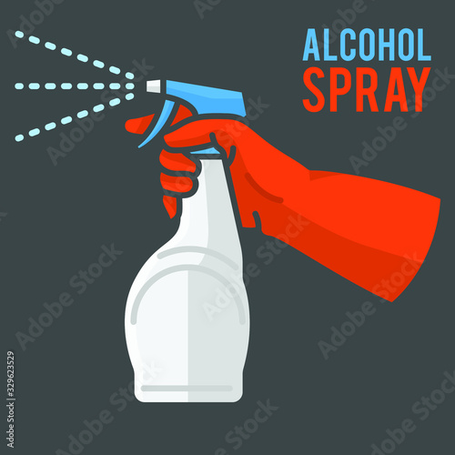 Spraying Anti-Bacterial Sanitizer Spray, Hand Sanitizer Dispenser, infection control concept. Sanitizer to prevent colds, virus, Coronavirus, flu. Spray bottle. Alcohol spray. Flat icon design.
