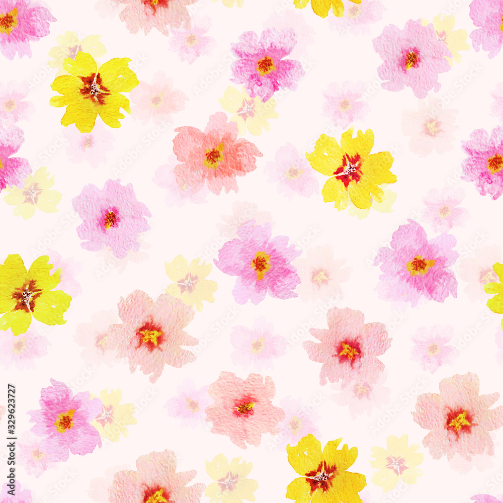 Decorative hand drawn watercolor seamless pattern of colorful spring flowers. Floral wildflowers illustration for greeting card, invitation, wallpaper, wrapping paper, fabric, textile, packaging