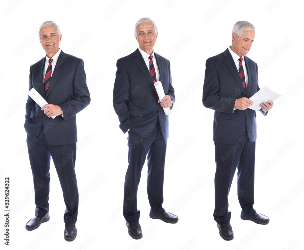 Three views of a mature businessman in full length in different poses, holding rolled up document and reading, isolated on white.