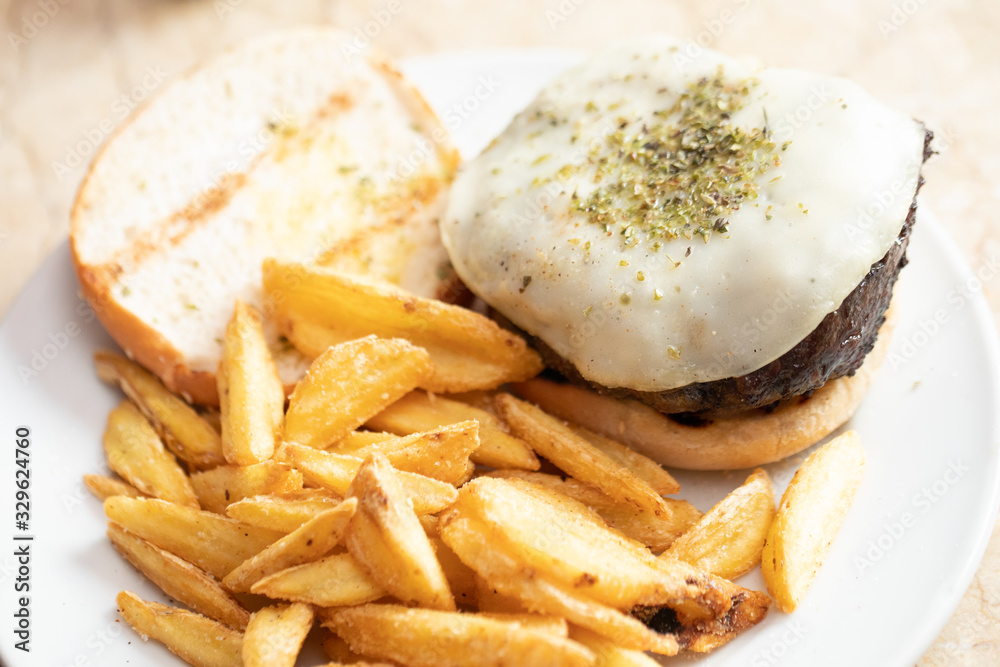hamburger with cheese and French fries 