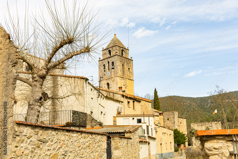 View of the bell tower of the church of St Lorenzo of Muga, Catalonia, Spain