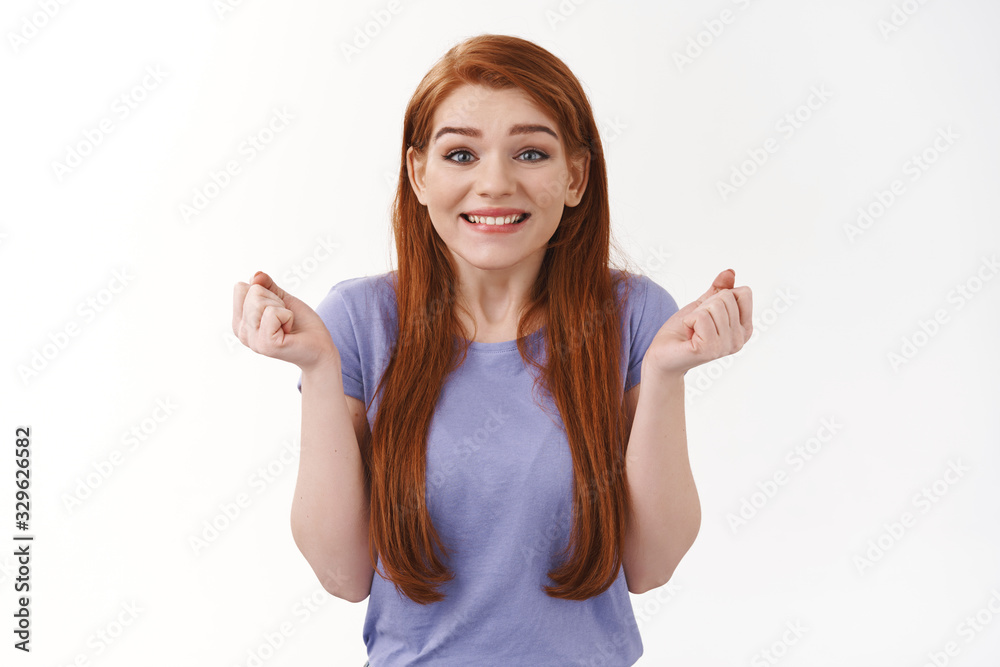 Cute excited and hopeful dreamy girl awaiting important results, dancing from nervousness and thrill, smiling clench fists in celebration, relish positive news, winning prize, achieve goal Cute excited and hopeful dreamy girl awaiting important results, dancing from nervousness and thrill, smiling clench fists in celebration, relish positive news, winning prize, achieve goal