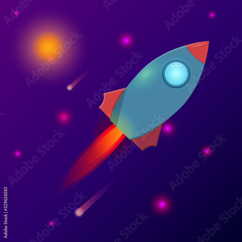 vector illustration space theme rocket with fire from a nozzle with lens flares on a background of starry space with a solar disk
