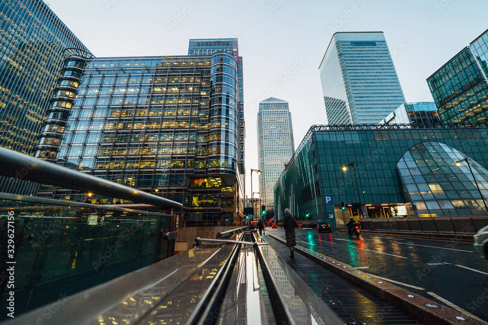 Blue hour on rainy day on Canary Wharf Business district