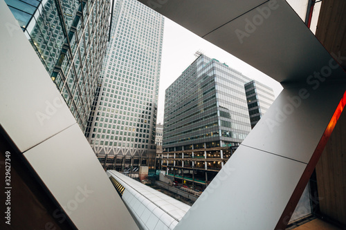 Photography View from Crossrail Place on Adams Plaza with skyscrapers, location London, UK,