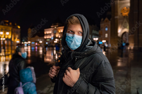 People in city wearing face masks, protection from viruses, virus epidemics 