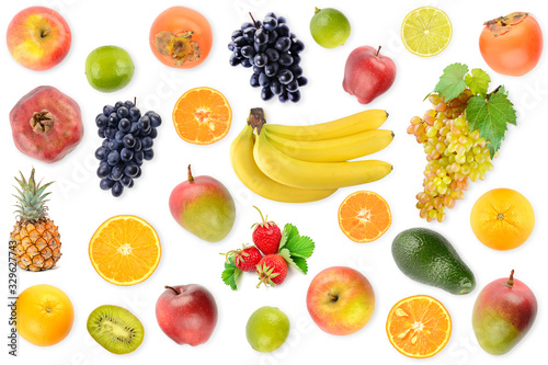 Large collection fruits and berries close-up isolated on white background.