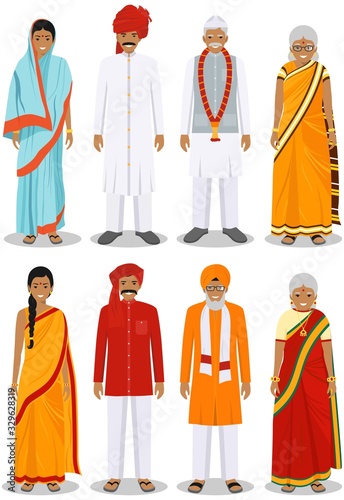Set of different standing indian old people in the traditional clothing isolated on white background in flat style. Differences senior men and women in the national east dress. Vector illustration.
