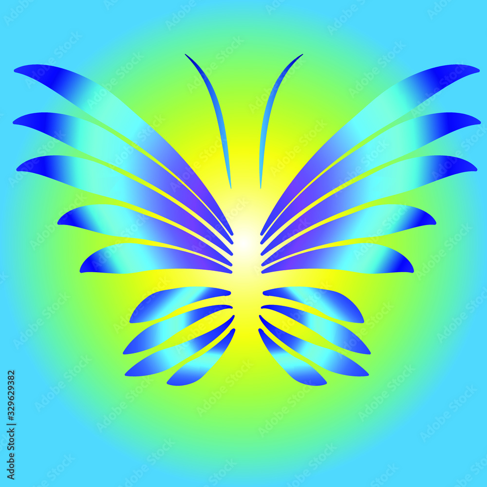 Vector art with the image of a butterfly on the background of the sun and blue sky. Image using gradients.