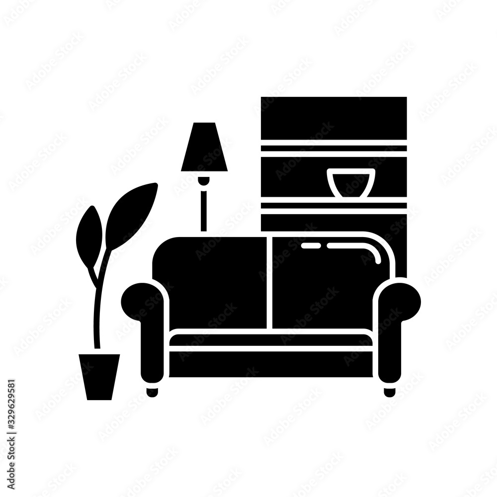 Apartment interior black glyph icon. Living room furniture. Cosy home