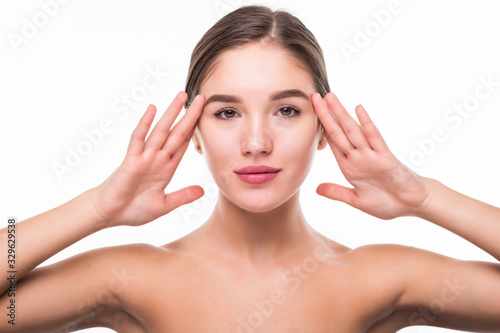 Young woman with beautiful healthy face isolated on white background