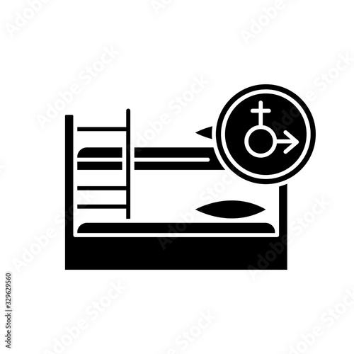 Mixed dorm black glyph icon. Shared dormitory room. Common bedroom. Bunk bed. Accommodation facility. Hostel. University residence. Silhouette symbol on white space. Vector isolated illustration