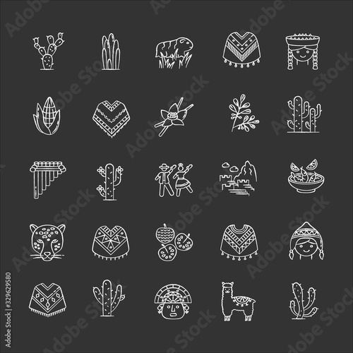 Peru chalk white icons set on black background. Andean country sights, traditions, cuisine, agriculture, animals. Corn, machu, picchu, cactus, vanilla, coca. Isolated vector chalkboard illustrations