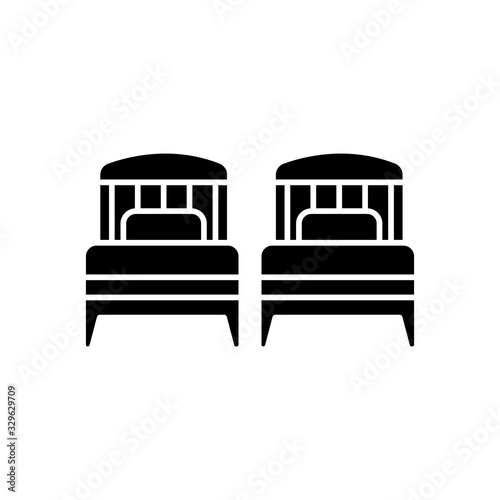 Two single beds black glyph icon. Hotel room for couple. Private hall. Residential area. Apartment bedroom. Sleeping arrangement. Silhouette symbol on white space. Vector isolated illustration