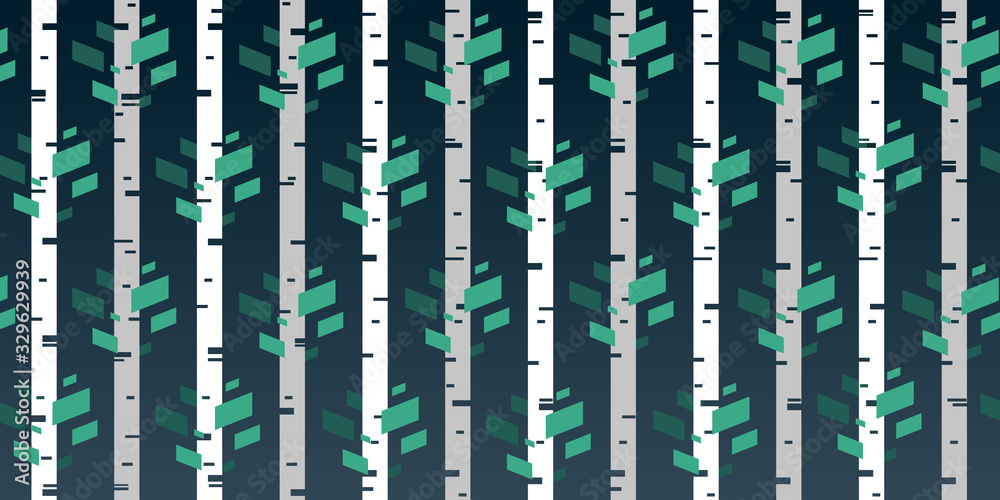 Beautiful background on the theme of nature, stylization of young trees in the forest. Young white birch trees with green leaves. Vector illustration